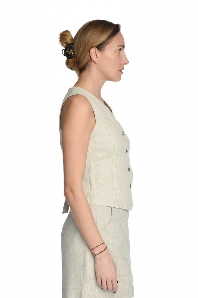 Stilinga lininė liemenė, Moteriška, šviesaus melanžo reguliuojmo pločio