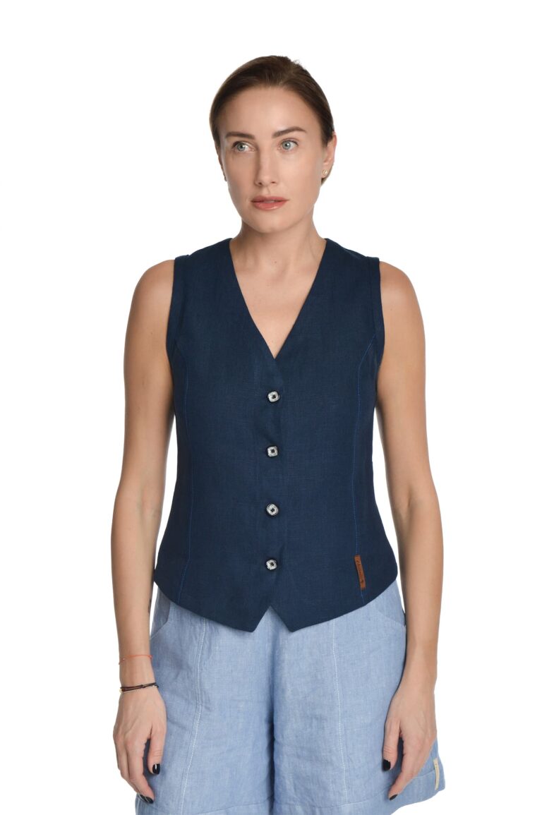 Moteriška mėlyna lininė liemenė