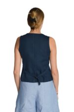 Moteriška mėlyna klasikinė lininė liemenė iš nugaros