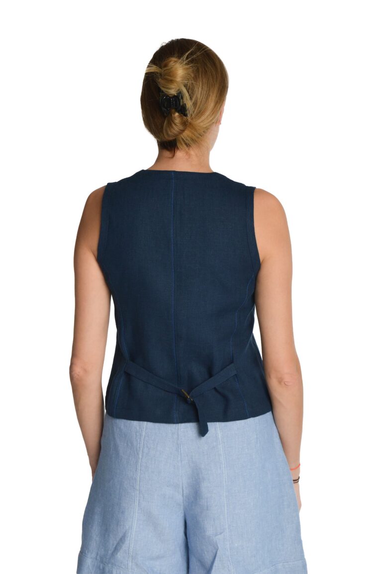 Moteriška mėlyna klasikinė lininė liemenė iš nugaros