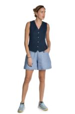 Moteriška mėlyna klasikinė lininė liemenė