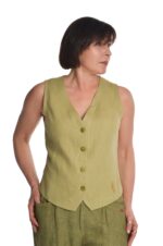 Moteriška žalios spalvos klasikinė lininė liemenė, trumpa