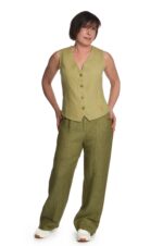 Moteriška žalios spalvos lininė liemenė, trumpa, susagstomu priekiu