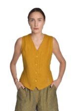 Moteriška garstyčių spalvos lininė liemenė, trumpa dekoruota peltakiu