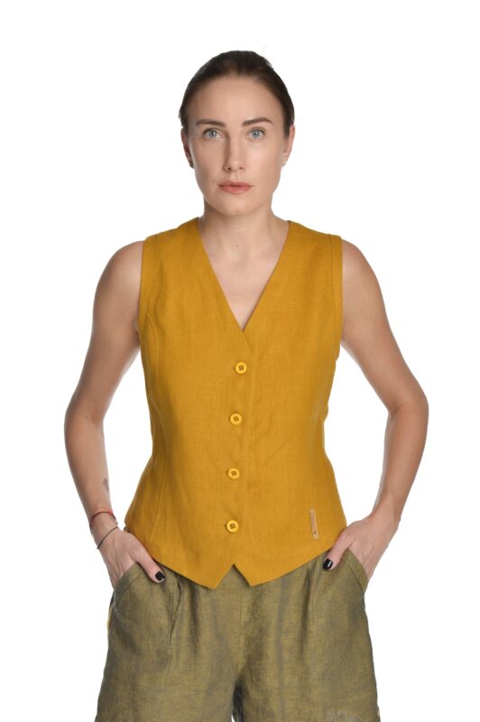 Moteriška garstyčių spalvos lininė liemenė, trumpa dekoruota peltakiu