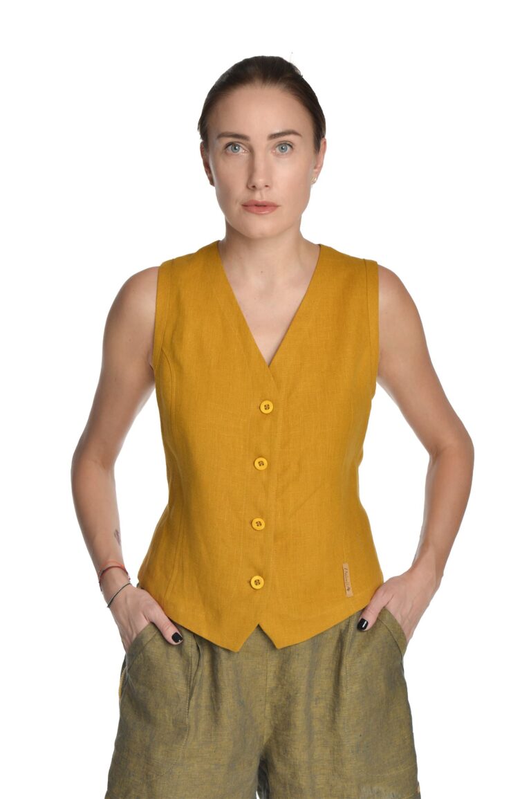 Moteriška garstyčių spalvos lininė liemenė, trumpa dekoruota peltakiu