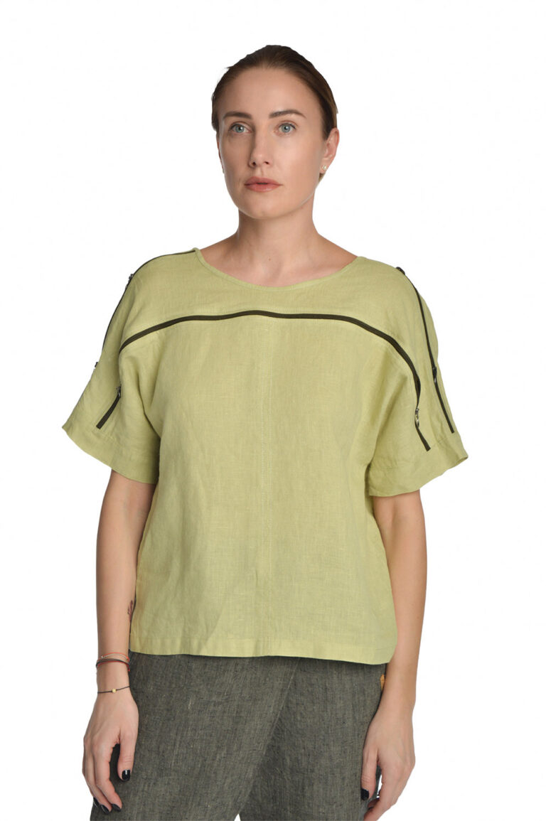 Tiesaus silueto moteriška palaidinė iš lino trumpomis rankovėmis, žalia