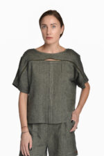 Lininė palaidinė trumpomis rankovėmis su užtrauktuku pečių linijoje, chaki spalvos