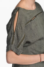 Moteriška lininė palaidinė, trumpomis rankovėmis, su užtrauktukais, chaki