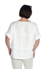 Balta laisva lininė palaidinė trumpomis rankovėmis, sutraukiama apačia - nugara