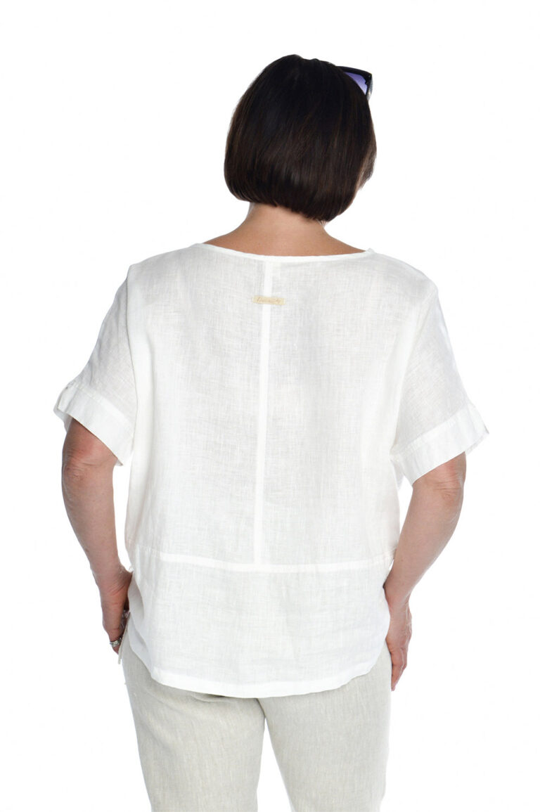 Balta laisva lininė palaidinė trumpomis rankovėmis, sutraukiama apačia - nugara