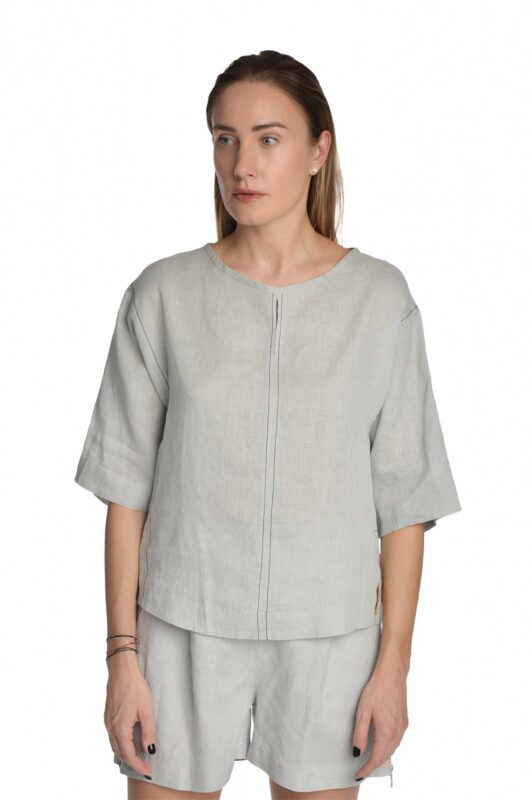 Lininė palaidinė trumpomis rankovėmis su užtrauktukais šonuose, pilka