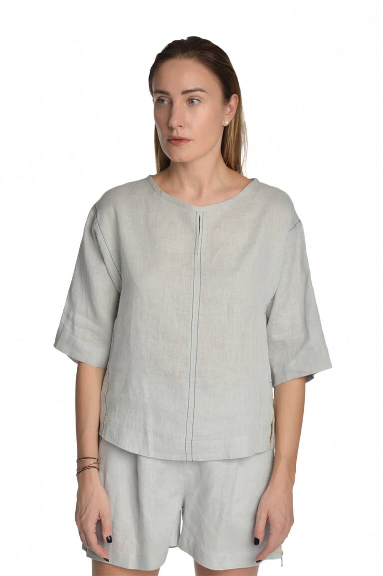 Lininė palaidinė trumpomis rankovėmis su užtrauktukais šonuose, pilka