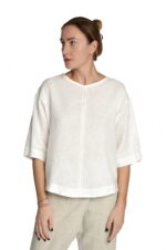 moteriški lininiai marškinėliai trumpomis rankovėmis, balti