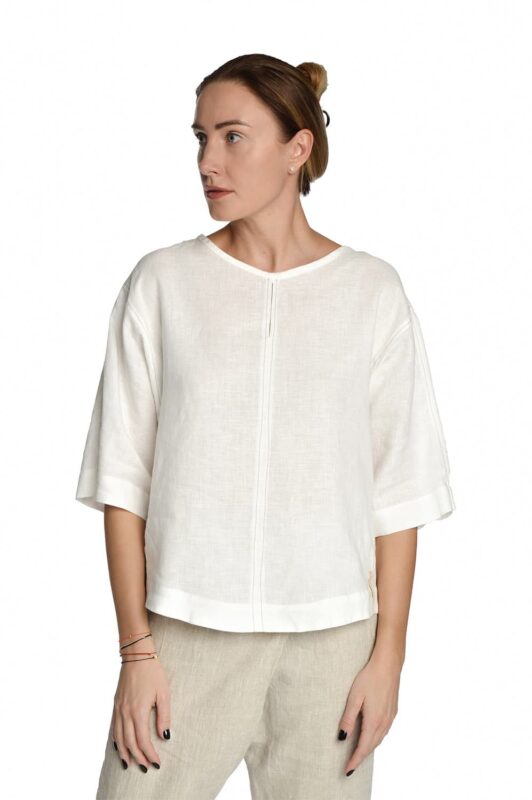 moteriški lininiai marškinėliai trumpomis rankovėmis, balti