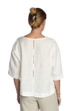 balti moteriški lininiai marškinėliai trumpomis rankovėmis, nugara