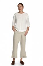 balti moteriški lininiai marškinėliai pusilgėmis rankovėmis