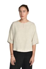 šviesūs lininiai marškinėliai moteriški pusilgėmis rankovėmis