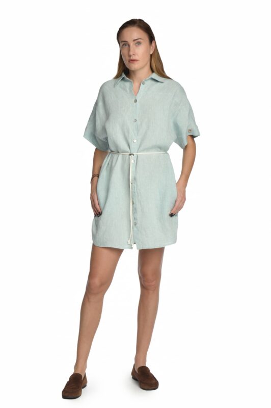 Mėtinė lininė suknelė marškiniai susagstoma priekyje