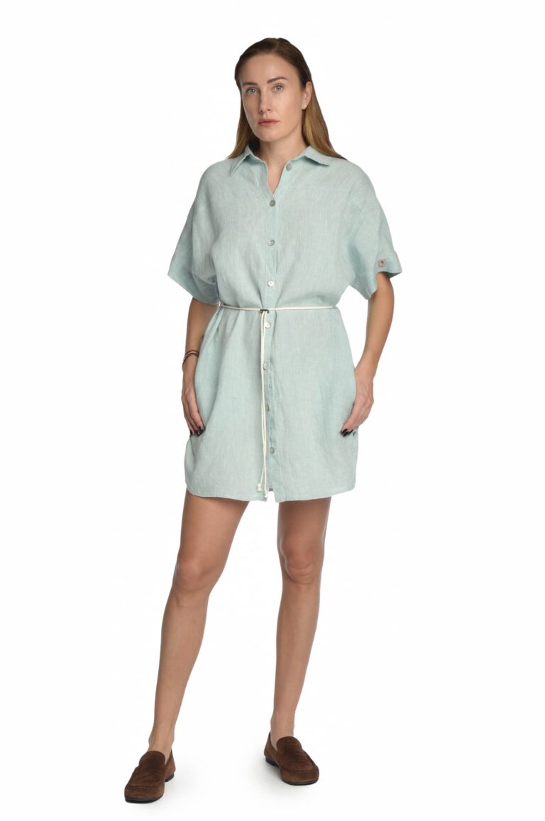 Mėtinė lininė suknelė marškiniai susagstoma priekyje