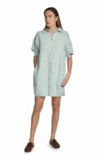 Mėtinė lininė suknelė marškiniai dėvima be diržo