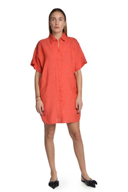 Raudona lininė suknelė marškiniai susagstoma priekyje