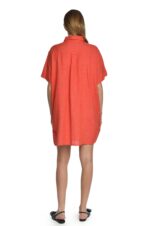 Raudona lininė suknelė marškiniai susagstoma priekyje - nugara