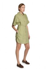 Žalia lininė suknelė marškiniai susagstoma priekyje su dirželiu