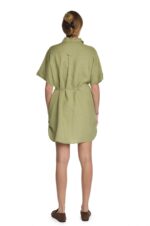 Žalia lininė suknelė marškiniai su dirželiu - nugara