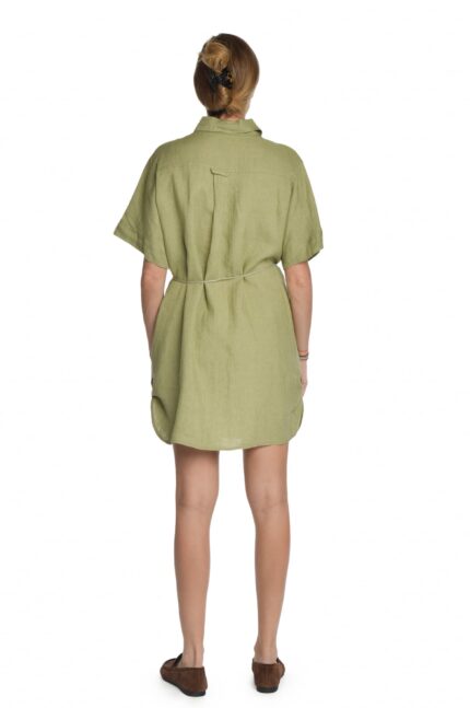 Žalia lininė suknelė marškiniai su dirželiu - nugara