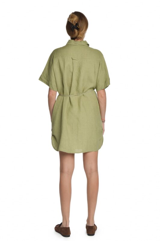 Žalia lininė suknelė marškiniai su dirželiu - nugara