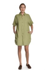 Žalia lininė suknelė marškiniai su įleistomis kišenėmis šonuose