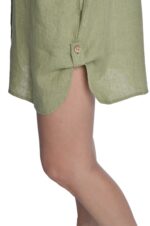 Žalia lininė suknelė marškiniai suimami skeltukai