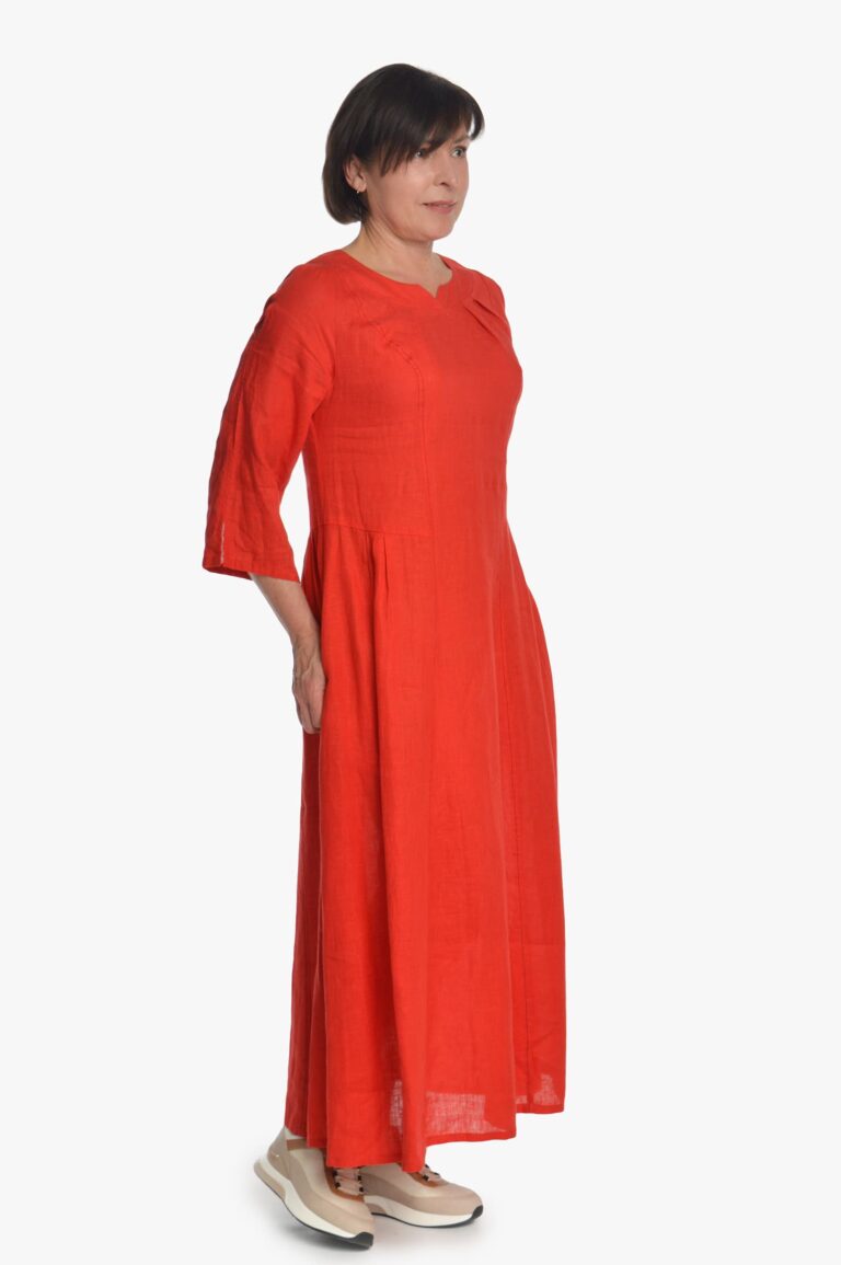 Raudona ilga lininė suknelė, pusilgėmis rankovėmis