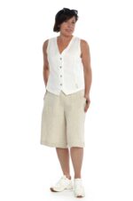 Šviesaus melanžo moteriški lininiai šortai iki kelių, platėjantys į apačią