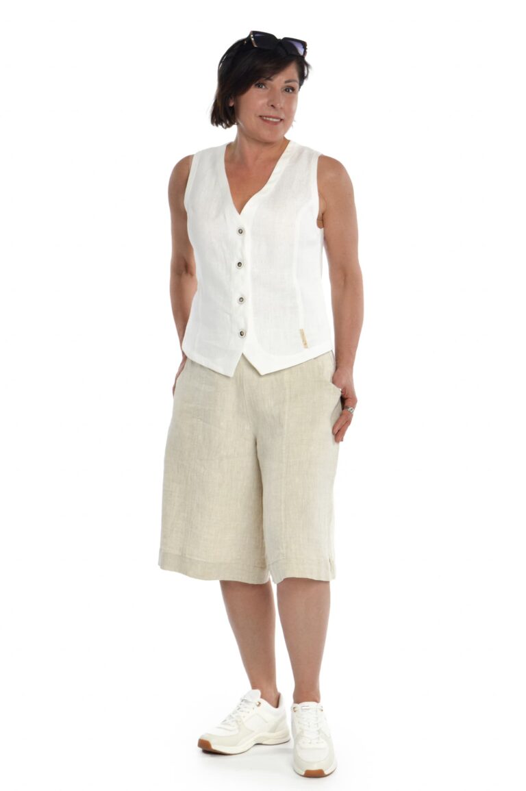 Šviesaus melanžo moteriški lininiai šortai iki kelių, platėjantys į apačią