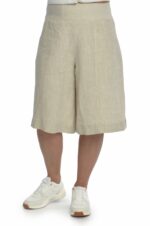 Šviesaus melanžo moteriški lininiai šortai iki kelių, platėjantys į apačią elastingu juosmeniu