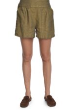 garstyčių spalvos lininiai moteriški šortai iki pusės šlaunų plačiu juosmeniu