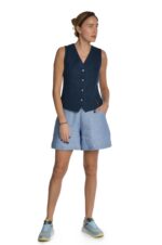 Žydri moteriški lininiai šortai, su kišenėmis, platėjantys į apačią