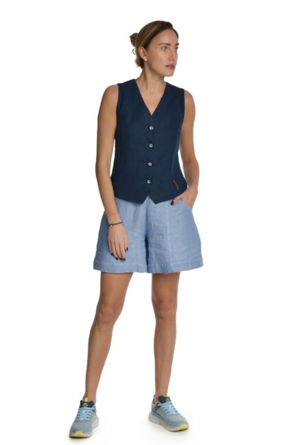 Žydri moteriški lininiai šortai, su kišenėmis, platėjantys į apačią