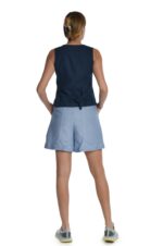 Žydri moteriški lininiai šortai, su kišenėmis, platėjantys į apačią - nugara