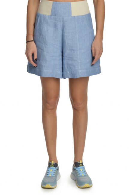 Žydri moteriški lininiai šortai, su kišenėmis, platėjantys į apačią su elastingu liemeniu