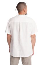 lininiai vyriški marškiniai stačia apykakle ir trumpomis rankovėmis