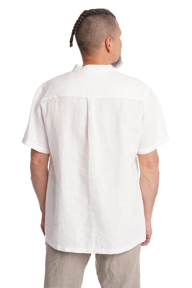 lininiai vyriški marškiniai stačia apykakle ir trumpomis rankovėmis