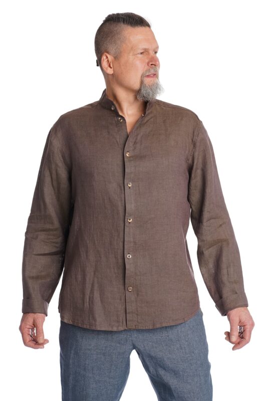 Rudos spalvos lininiai marškiniai ilgomis rankovėmis