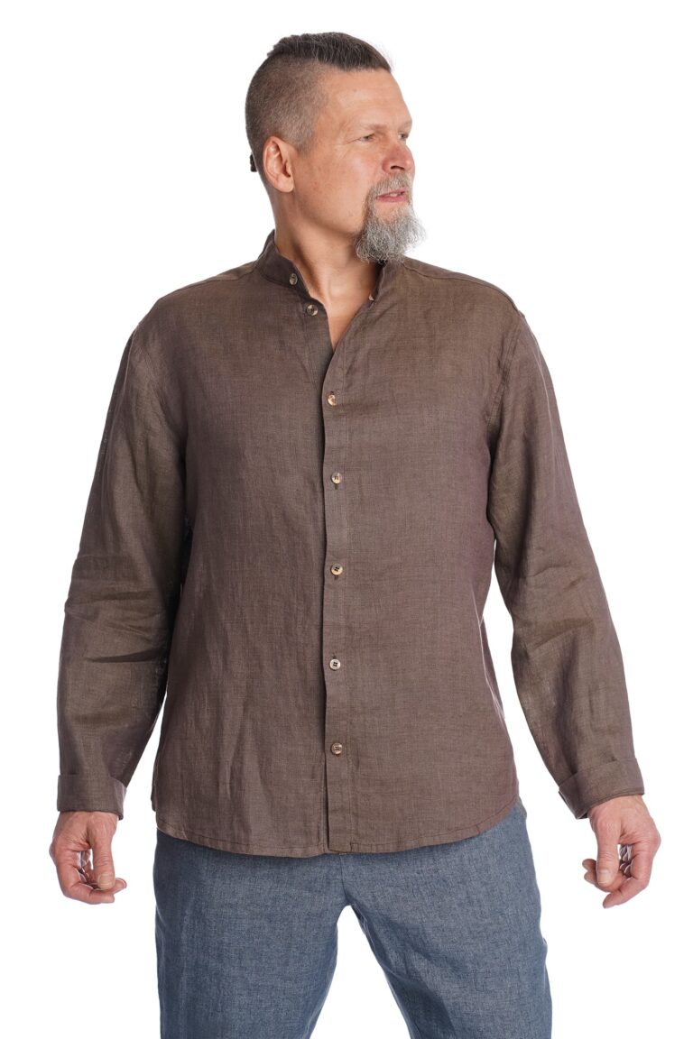 Rudos spalvos lininiai marškiniai ilgomis rankovėmis