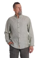 Vyriški lininiai marškiniai ilgomis rankovėmis DAIVU stačia apykakle žalias melanžas