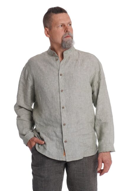 Vyriški lininiai marškiniai ilgomis rankovėmis DAIVU stačia apykakle žalias melanžas