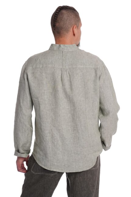 Vyriški lininiai marškiniai ilgomis rankovėmis DAIVU stačia apykakle žalias melanžas - nugara