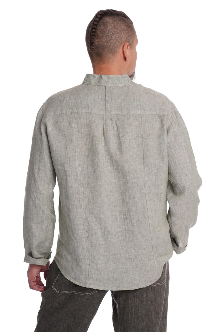 Vyriški lininiai marškiniai ilgomis rankovėmis DAIVU stačia apykakle žalias melanžas - nugara